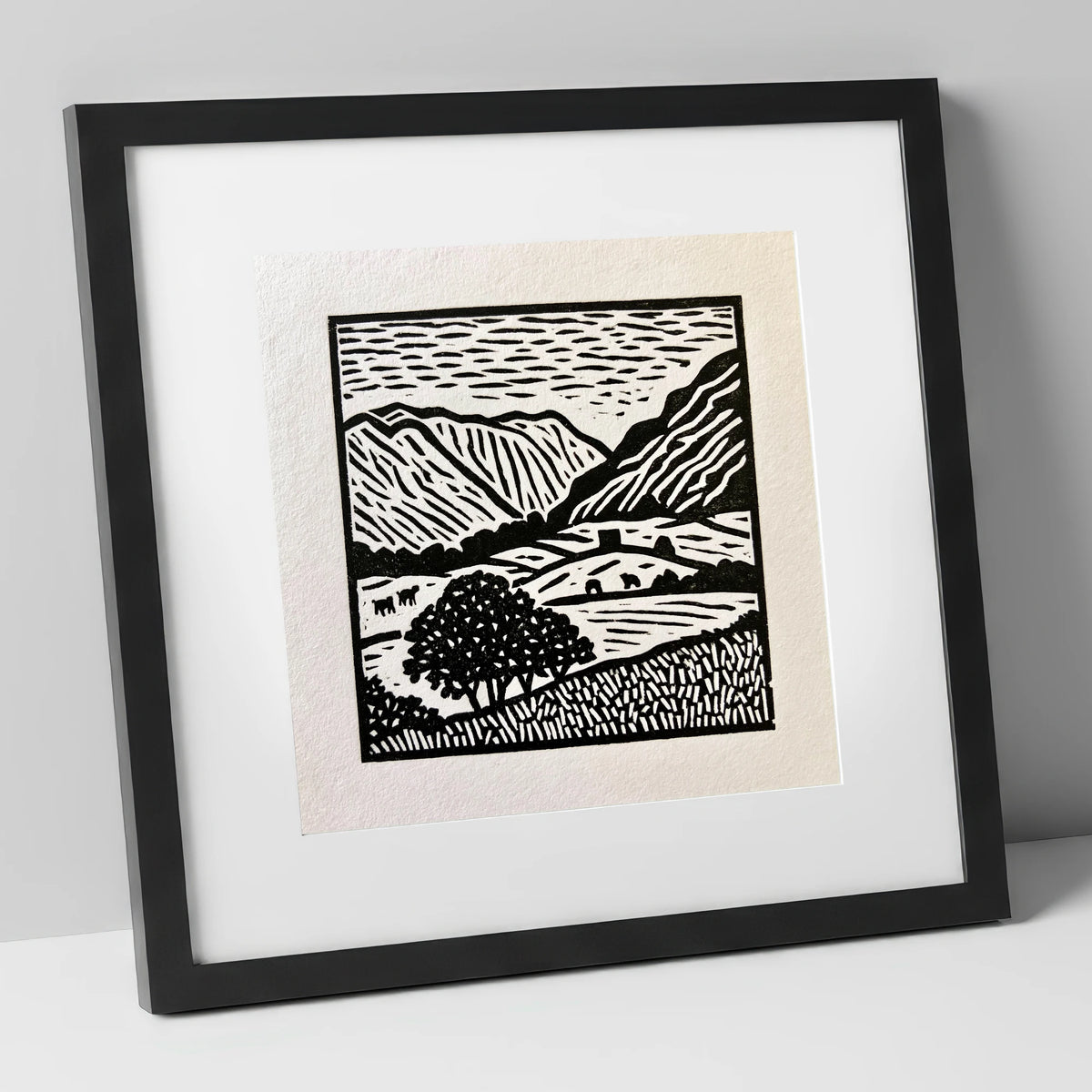Monochromatic Borrowdale Valley Landscape lake district valley art print in black frame