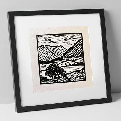 Monochromatic Borrowdale Valley Landscape lake district valley art print in black frame