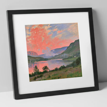 Coral Sunset Over The Lake lake district lake art print in black frame