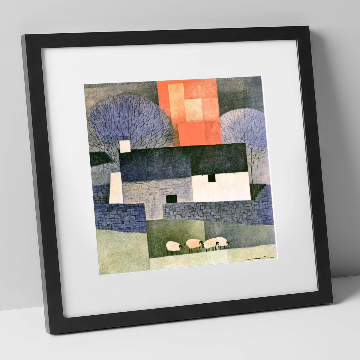 Stone Cottage in Bold Terracotta lake district village art print in black frame