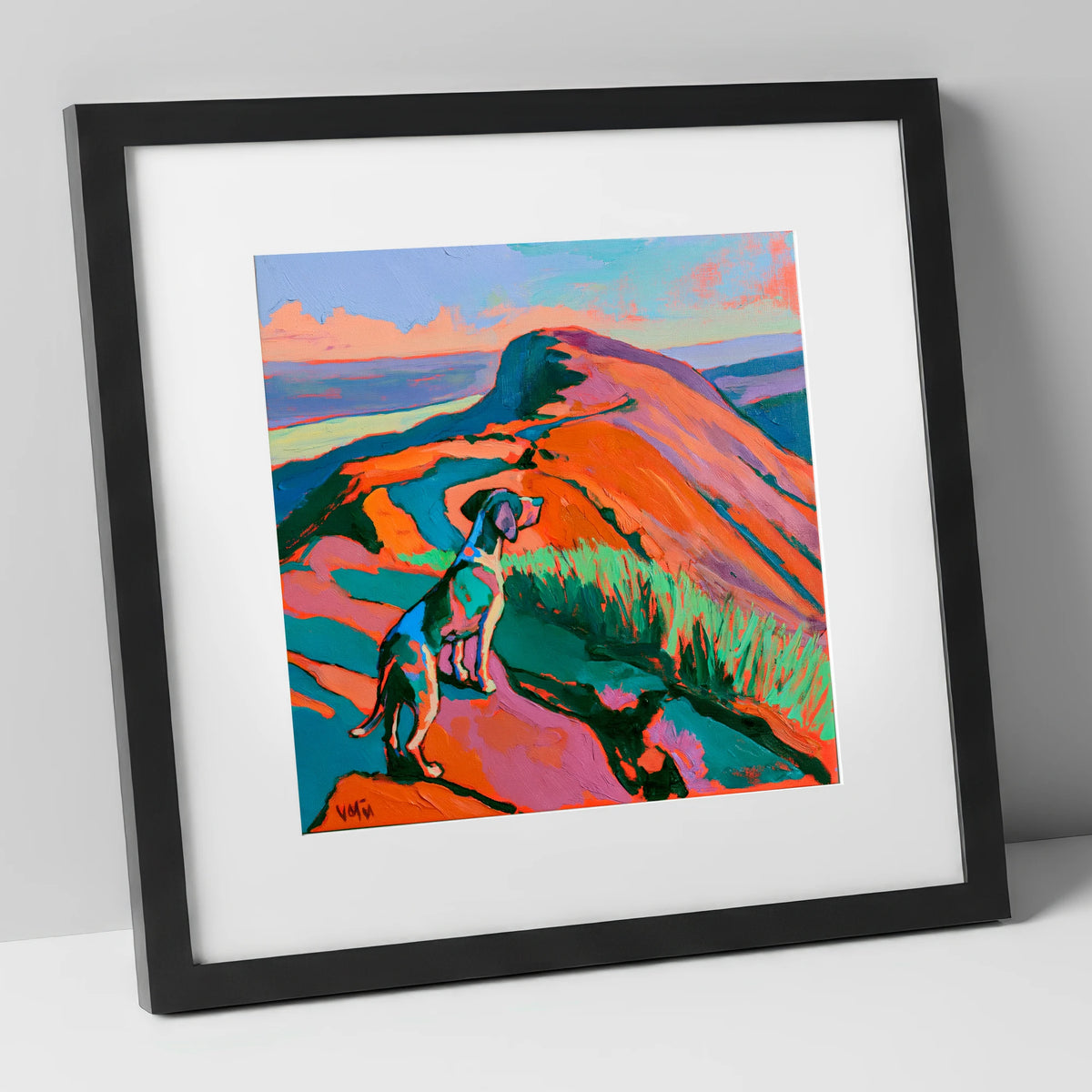 Vibrant Dog on Helvellyn Summit gifts for dog walkers art print in black frame