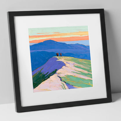 Fell Top Hikers At Sunset lake district fell art print in black frame