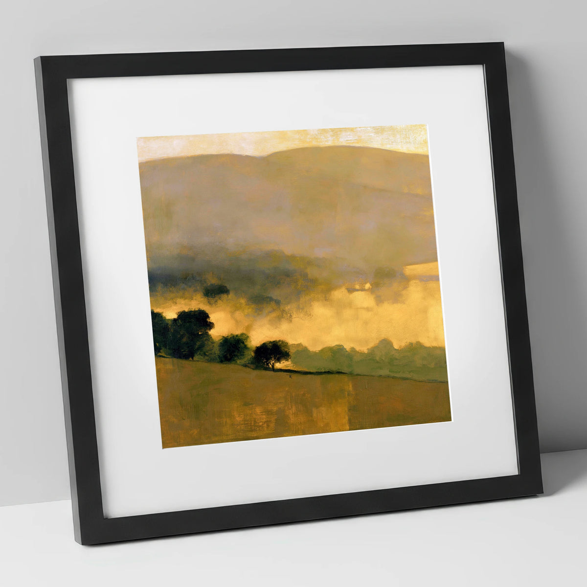 Golden Valley Mist at Dawn lake district sky art print in black frame