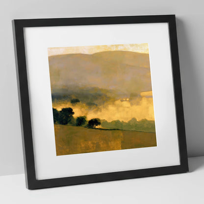 Golden Valley Mist at Dawn lake district sky art print in black frame
