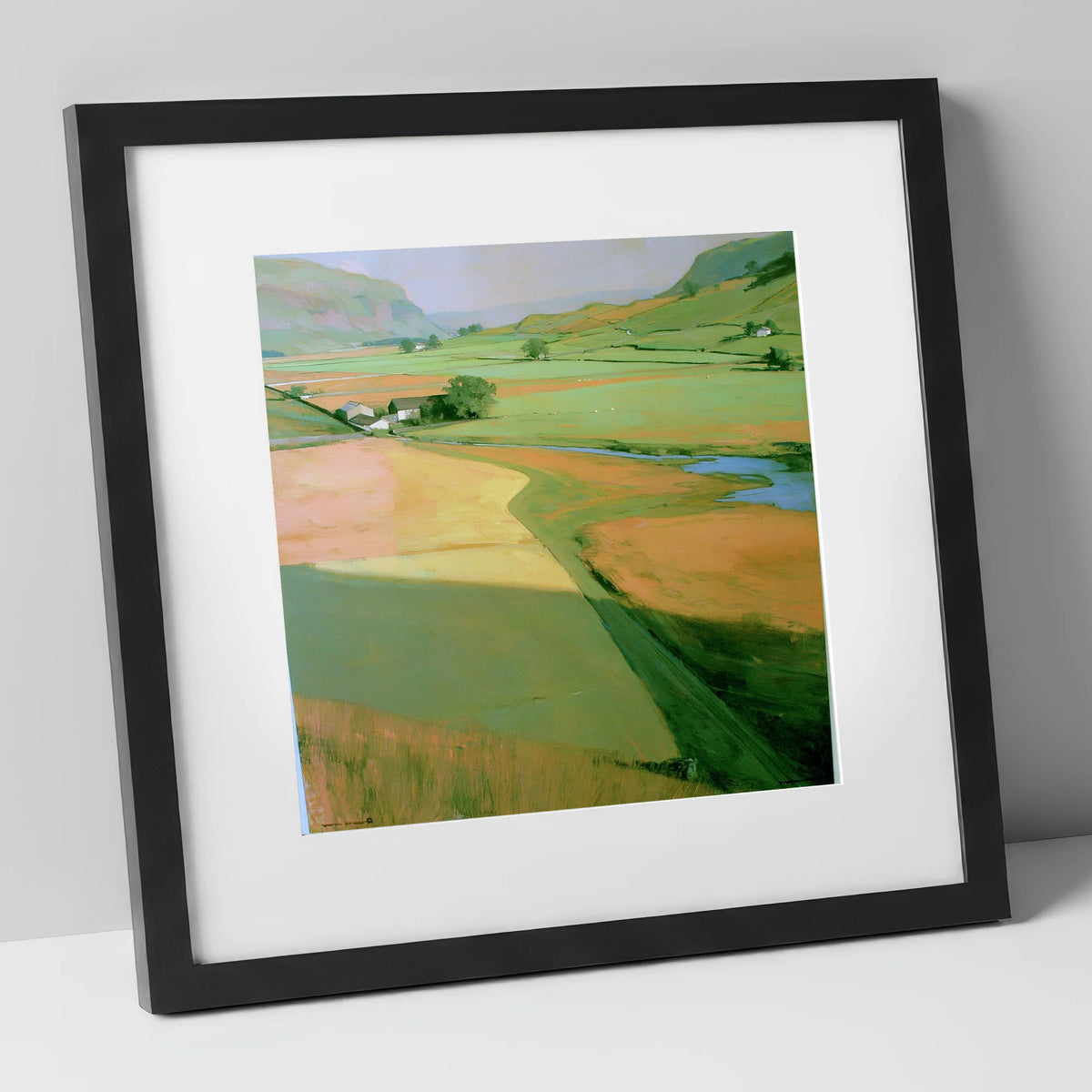 Green Valley Beneath The Fells lake district valley art print in black frame