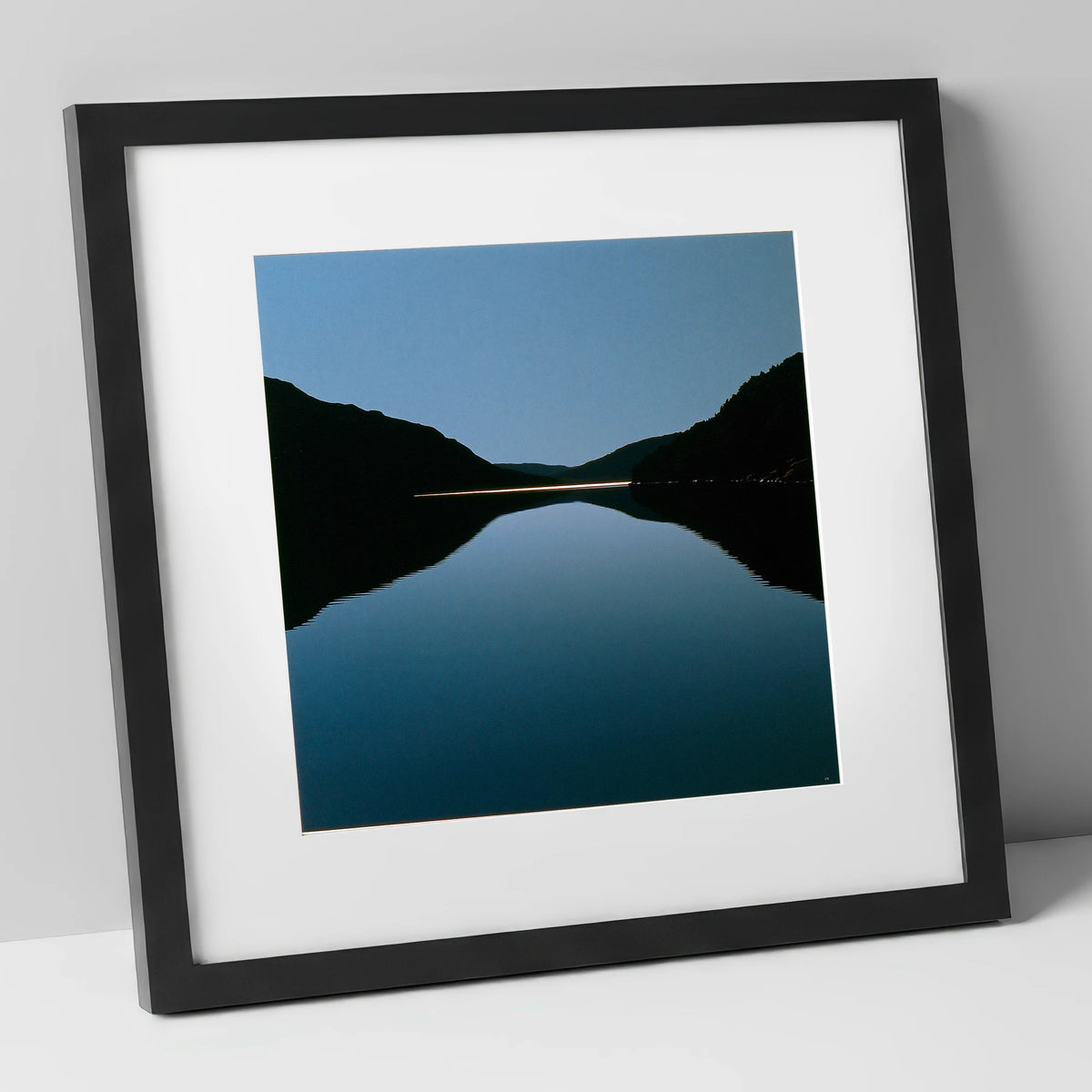 Midnight Blue Lake Reflection lake district lake art print in black frame