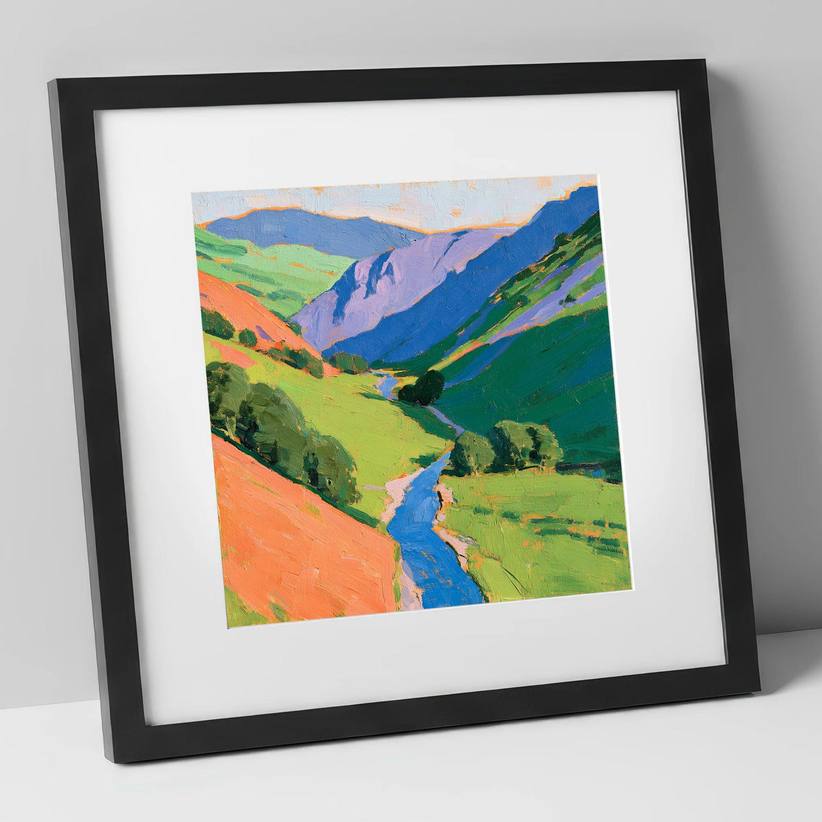 Cobalt River In Green Valley lake district valley art print in black frame