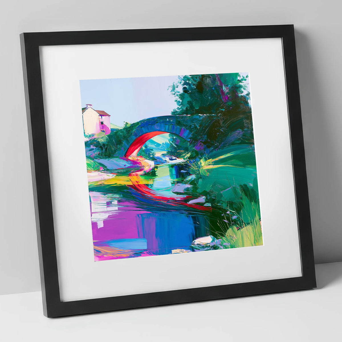 Vivid Stone Bridge Over Beck lake district waterfall art print in black frame