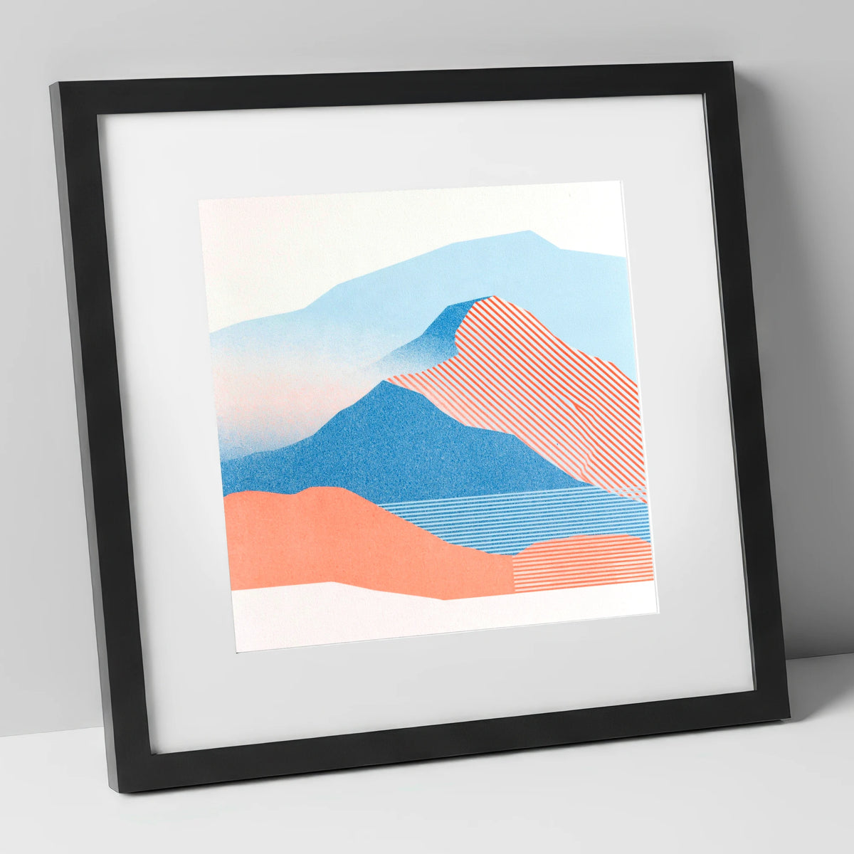 Graphic Coral Mountain Ridge lake district fell art print in black frame