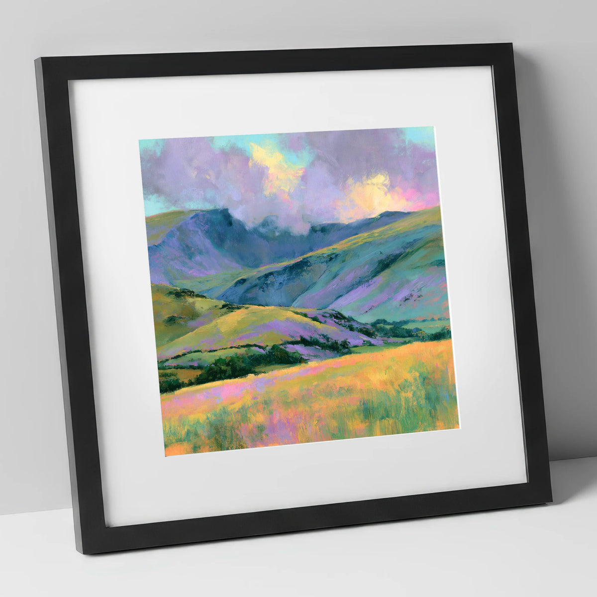 Lavender and Gold Rolling Fells lake district fell art print in black frame