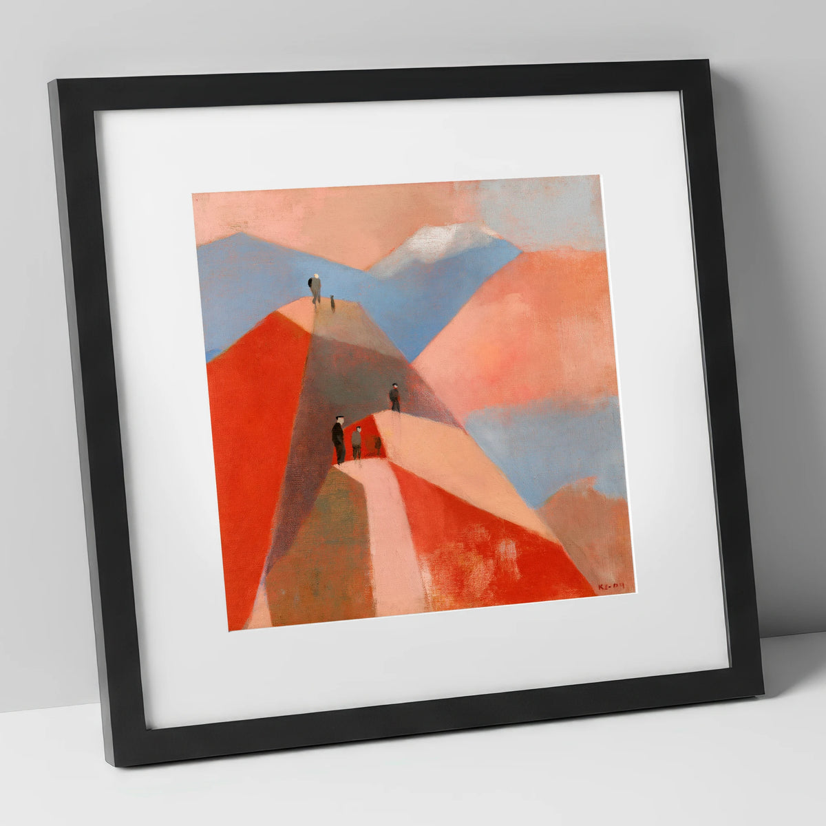 Hikers on Terracotta Fell Top lake district fell art print in black frame