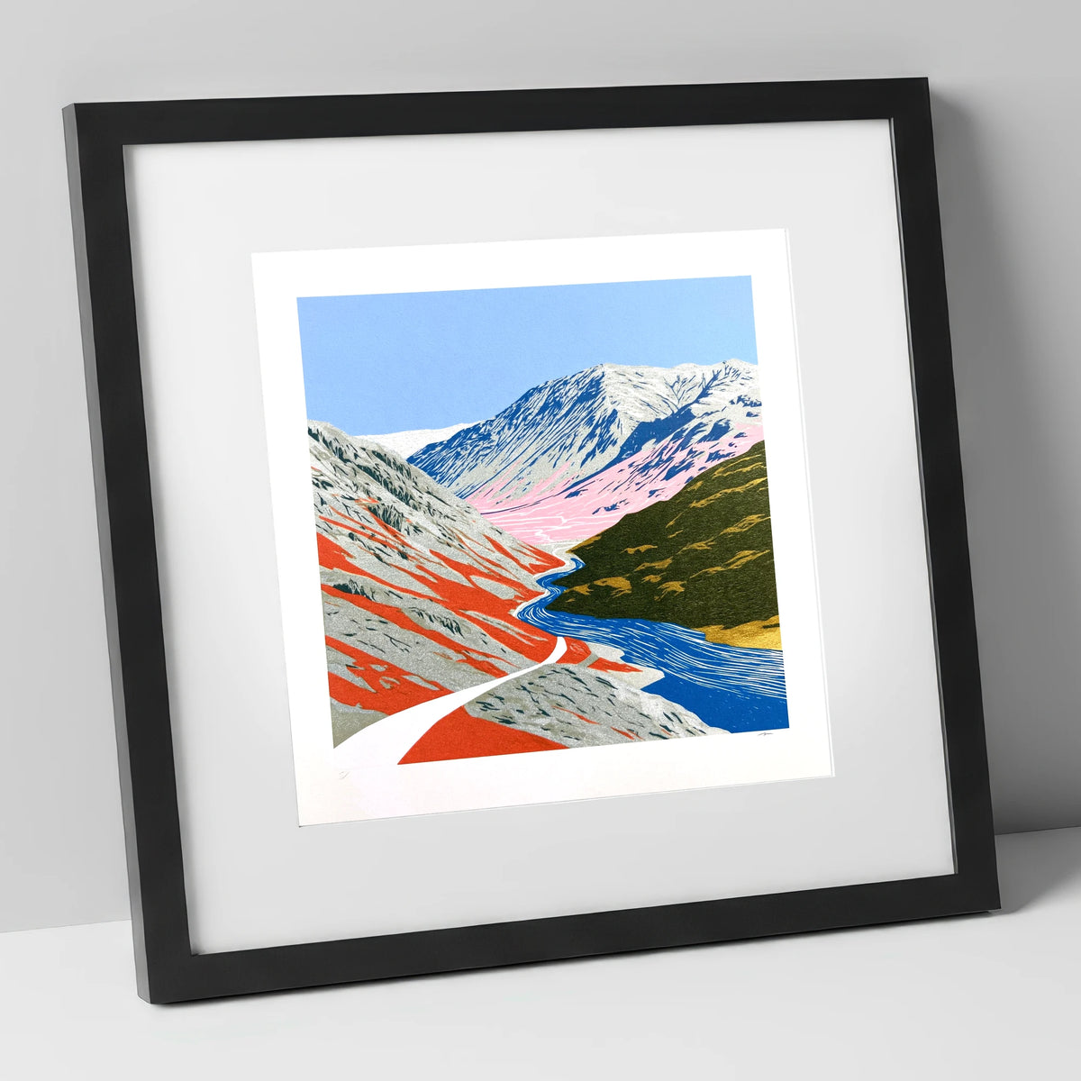 Bold Kirkstone Pass Mountain Road lake district valley art print in black frame