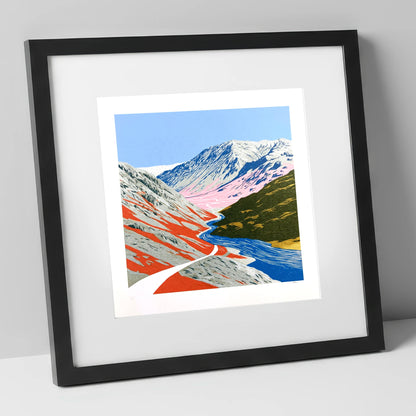 Bold Kirkstone Pass Mountain Road lake district valley art print in black frame