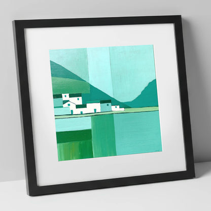 Modern Lakeside Village in Teal lake district village art print in black frame