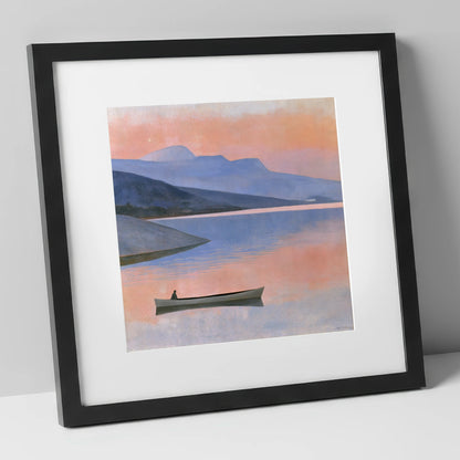 Twilight Lake with Lone Boat lake district lake art print in black frame