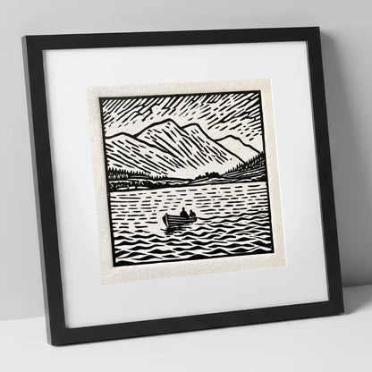 Coniston Water in Bold Monochrome lake district lake art print in black frame