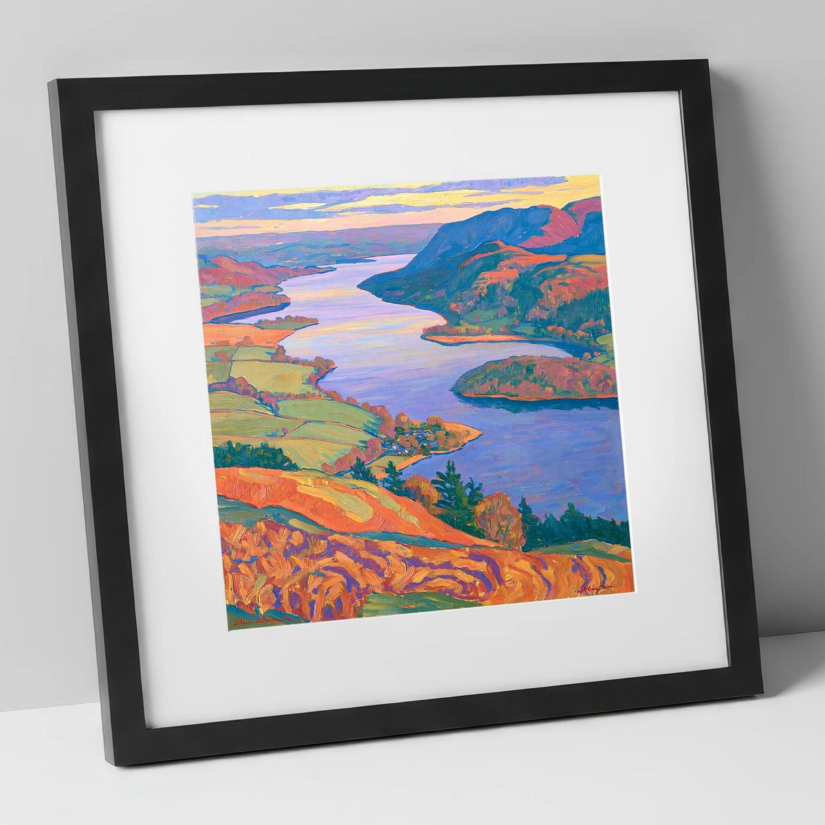 Bold Ullswater and Pooley Bridge lake district village art print in black frame