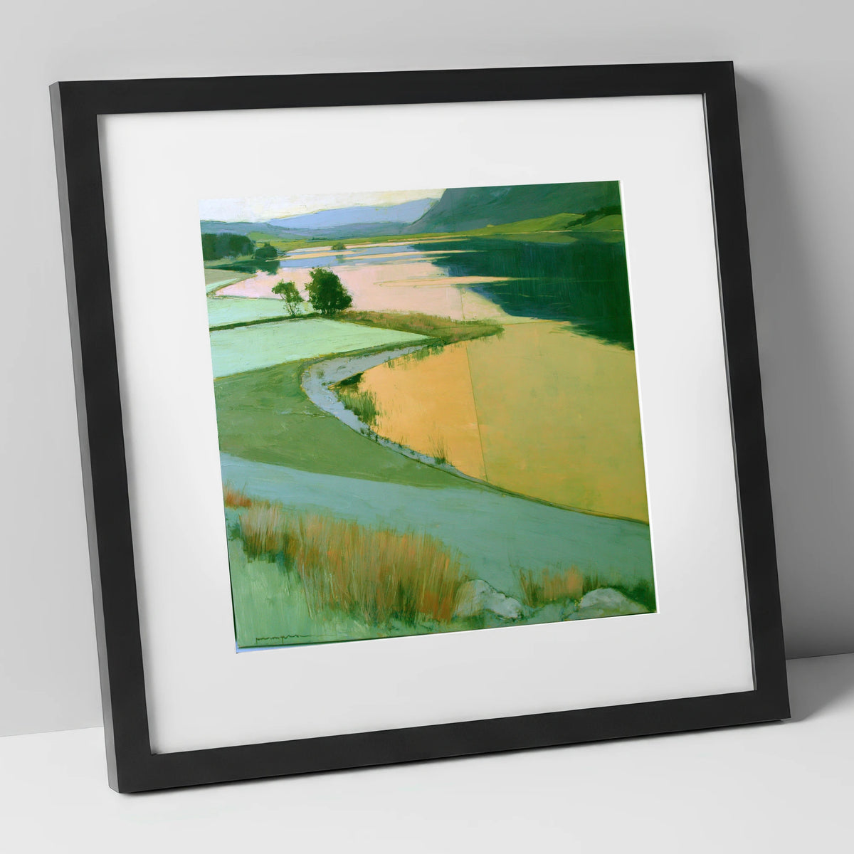 Lake and Golden Valley Fields lake district lake art print in black frame