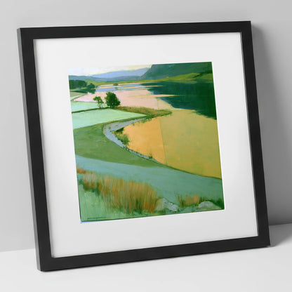 Lake and Golden Valley Fields lake district lake art print in black frame