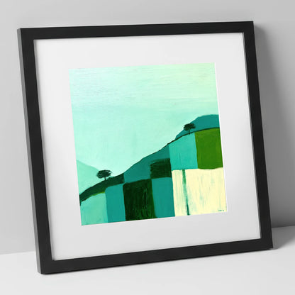 Misty Teal Mountain Ridge lake district fell art print in black frame