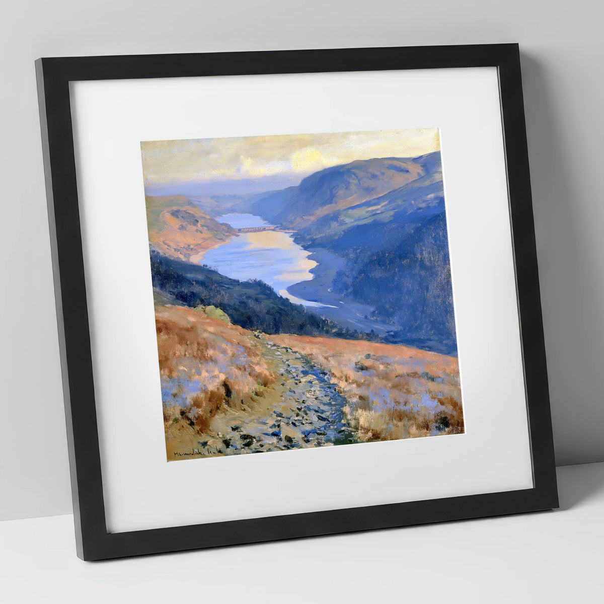 Sunlit Thirlmere from Helvellyn Path lake district lake art print in black frame