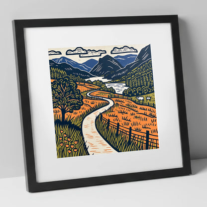 Terracotta Borrowdale Valley Path lake district valley art print in black frame