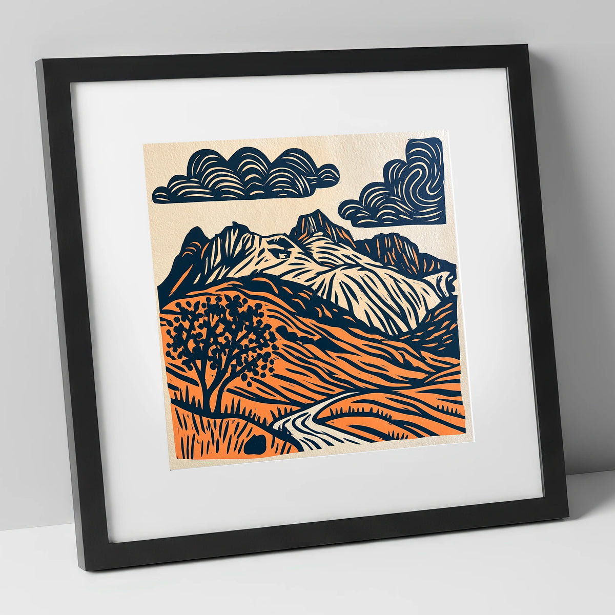 Langdale Pikes in Navy and Orange lake district fell art print in black frame