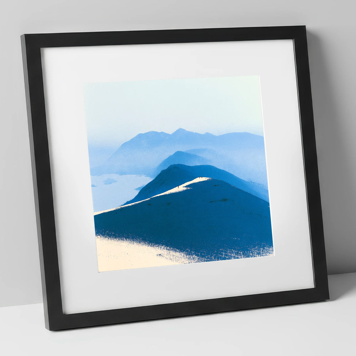 Fell Summit in Deep Blue lake district fell art print in black frame