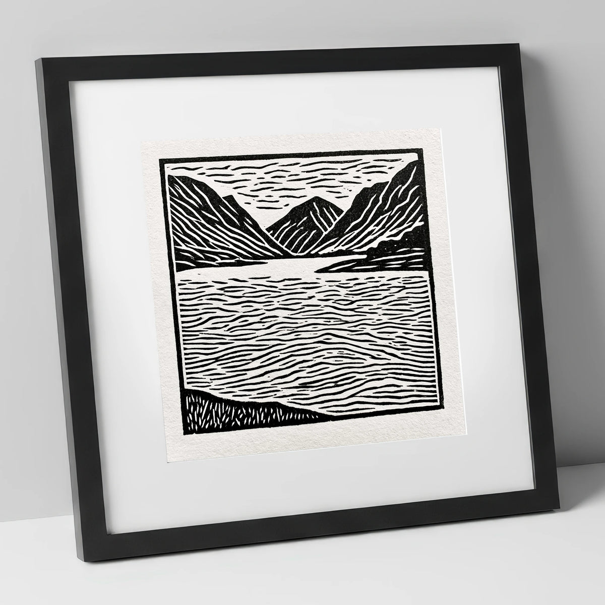 Lake and Fells in Monochrome lake district lake art print in black frame