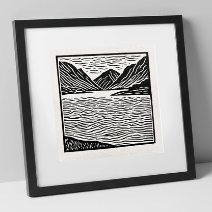 Lake and Fells in Monochrome lake district lake art print in black frame