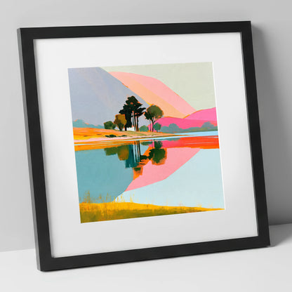 Pink Fells and Lake Reflections lake district lake art print in black frame