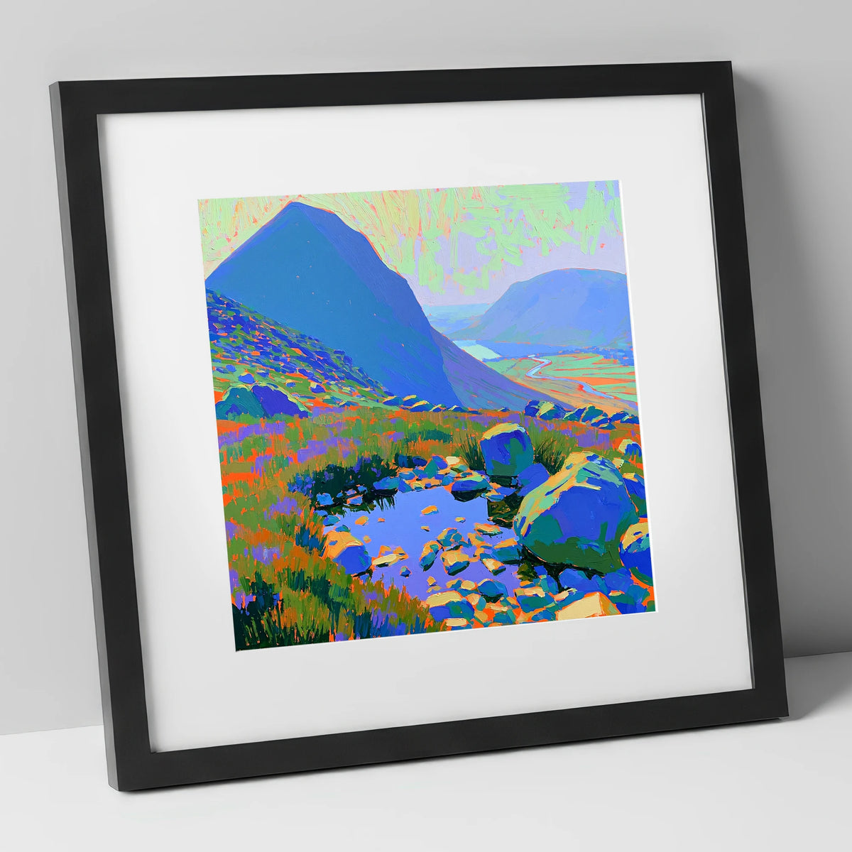 Vibrant Haystacks and Rocky Tarn lake district fell art print in black frame