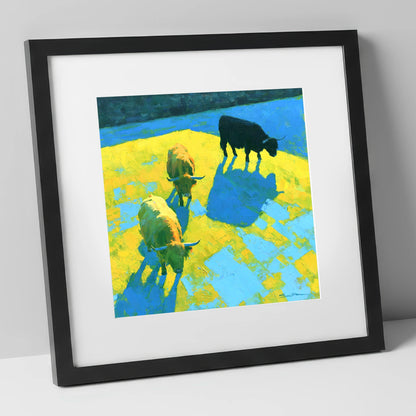 Vibrant Highland Cattle in Summer Light lake district wildlife art print in black frame