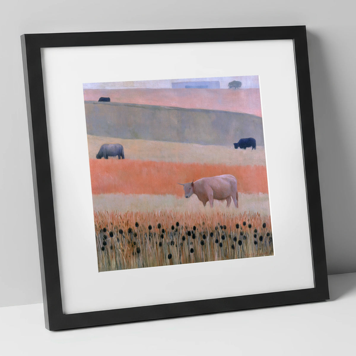 Highland Cattle in Pastel Fells lake district wildlife art print in black frame