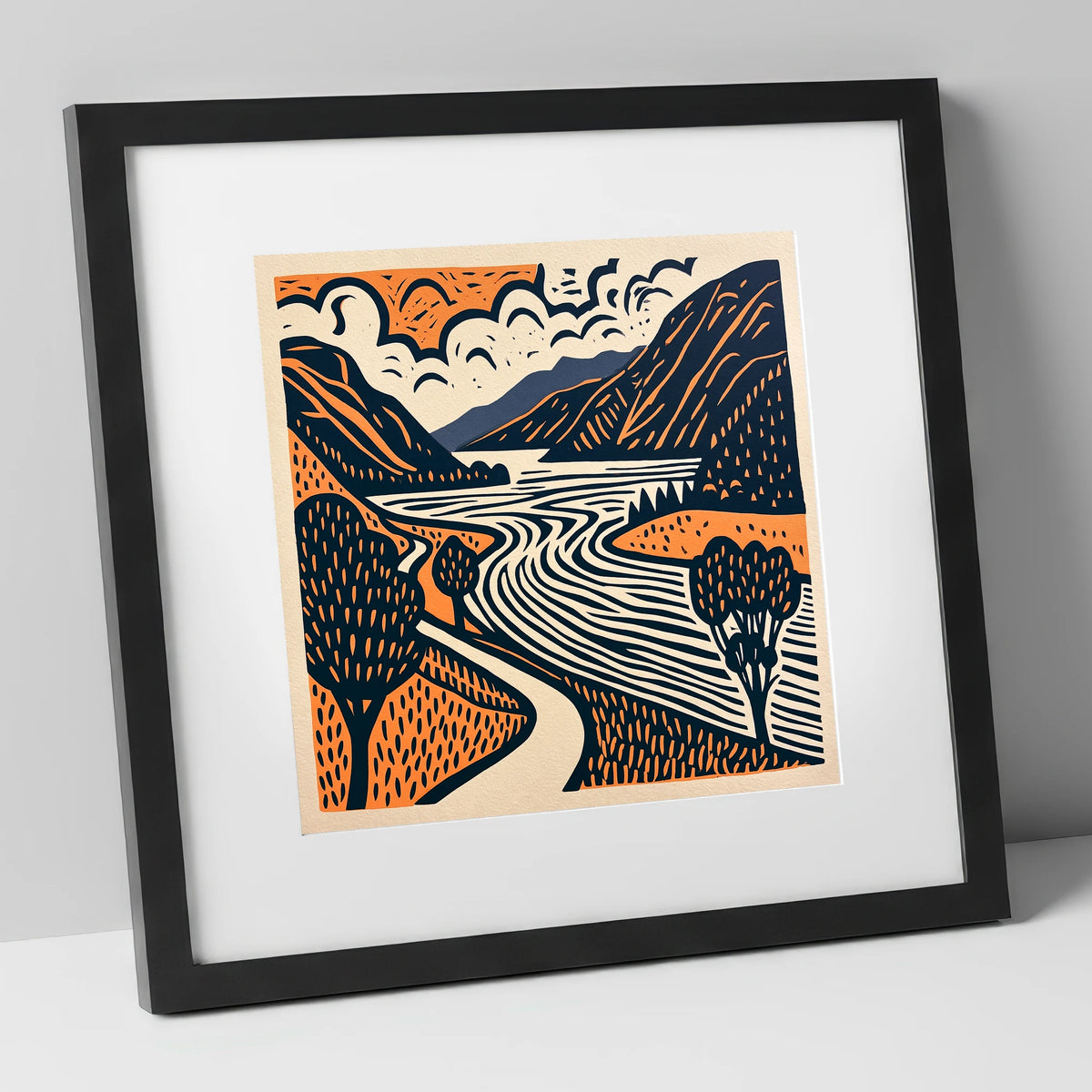Bold Ullswater in Terracotta and Navy lake district lake art print in black frame
