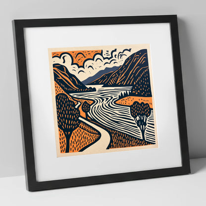Bold Ullswater in Terracotta and Navy lake district lake art print in black frame