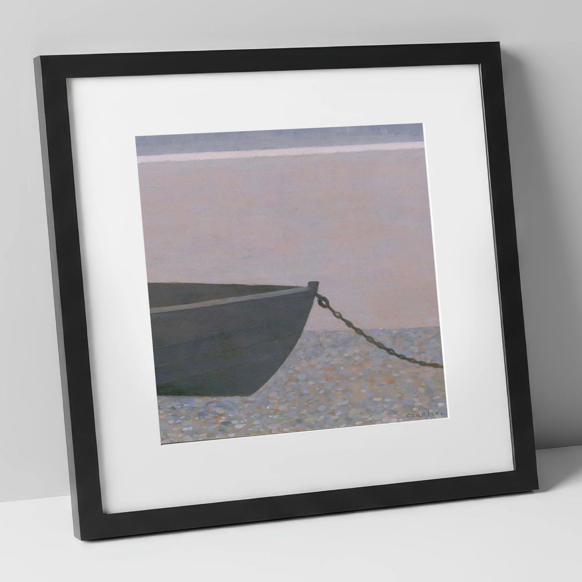 Windermere Boat on Pebble Shore lake district lake art print in black frame