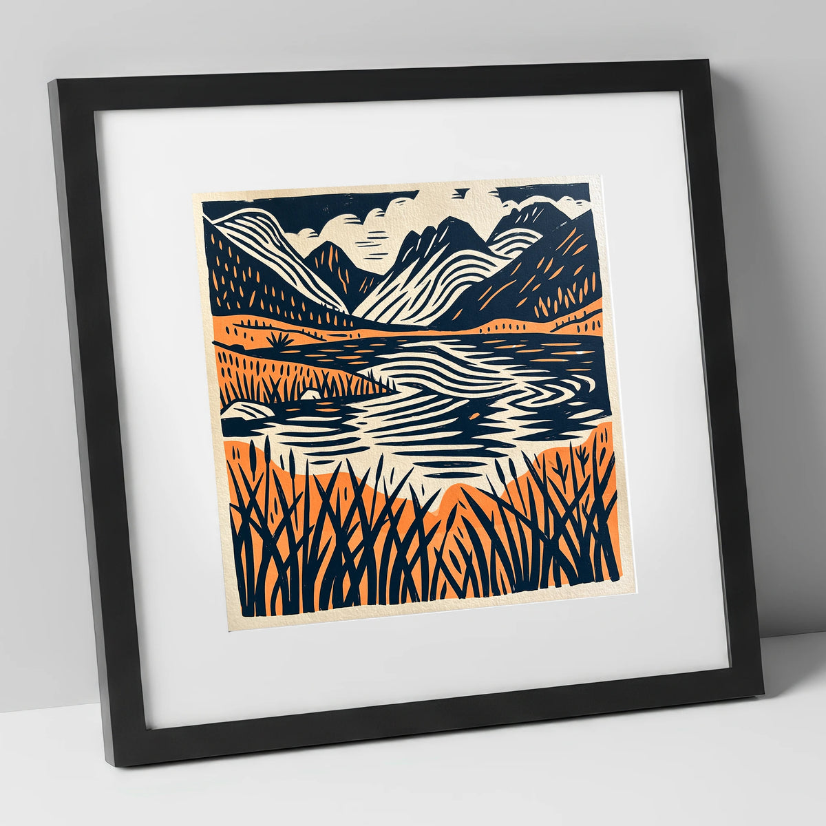 Terracotta Fells and Lake Reflections lake district lake art print in black frame