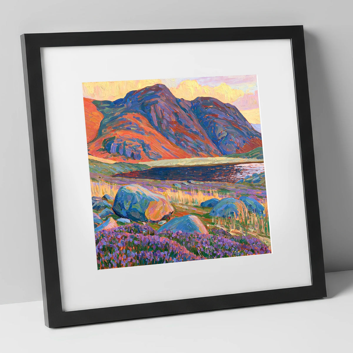 Haystacks in Fiery Light lake district fell art print in black frame