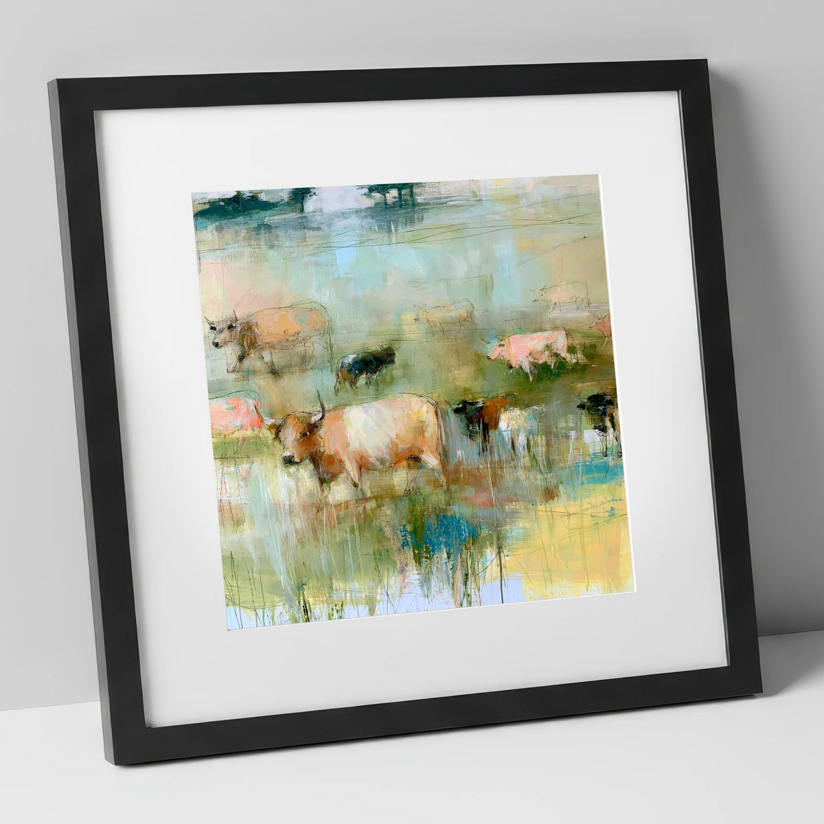 Highland Cattle in Pastel Washes lake district wildlife art print in black frame