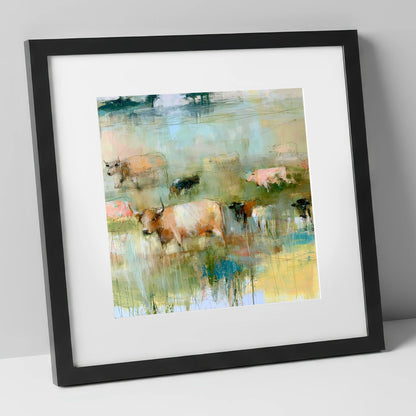 Highland Cattle in Pastel Washes lake district wildlife art print in black frame