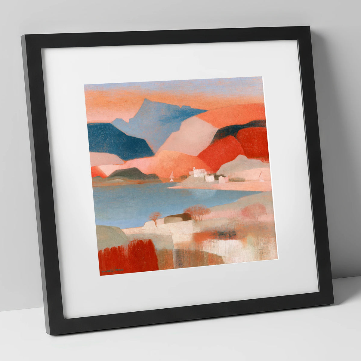 Abstract Terracotta Lake and Fells lake district lake art print in black frame