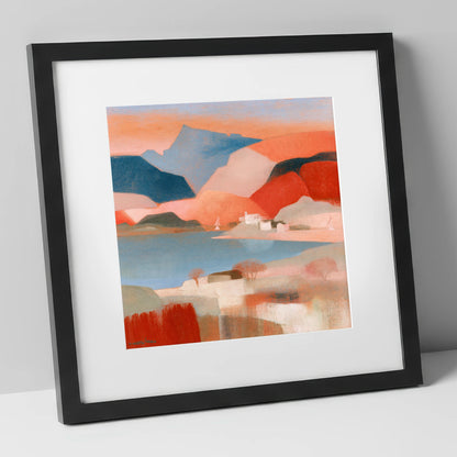 Abstract Terracotta Lake and Fells lake district lake art print in black frame