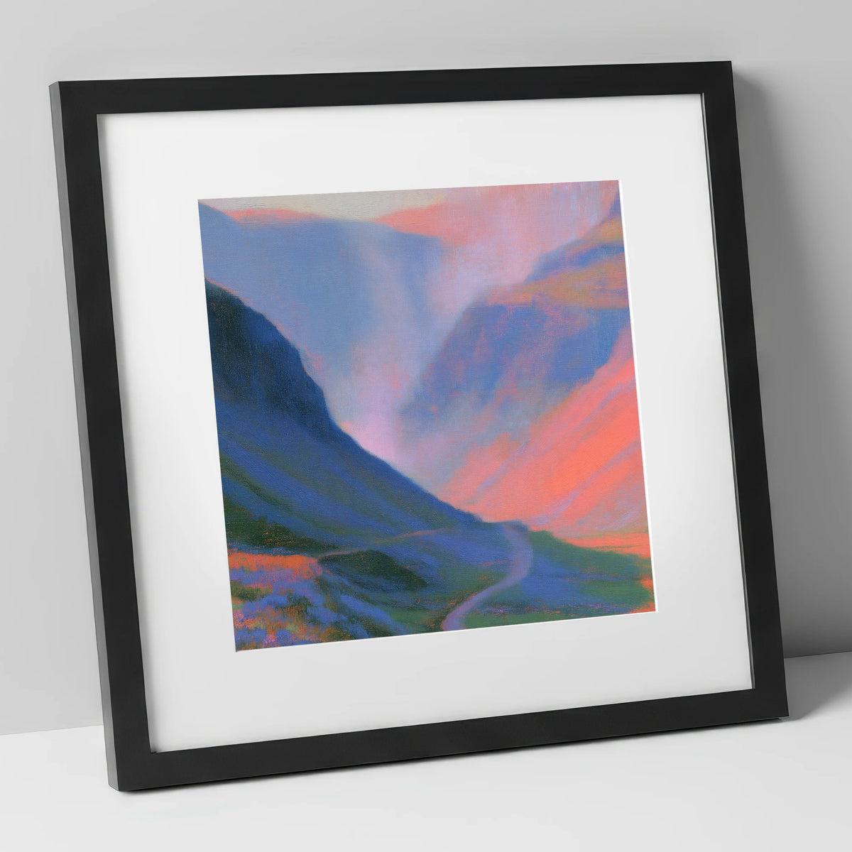 Winding Mountain Pass at Twilight lake district valley art print in black frame