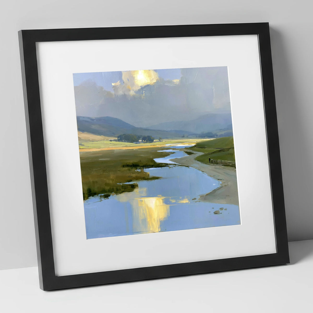 Winding River Below Rolling Fells lake district fell art print in black frame