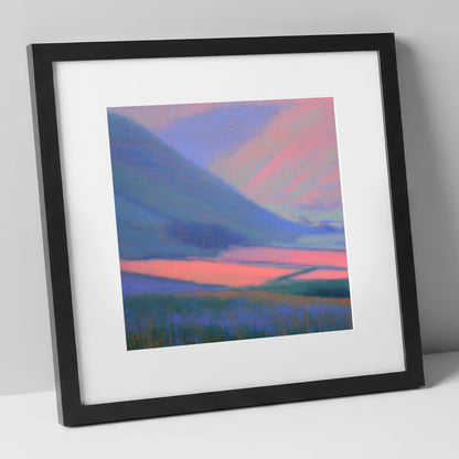 Pink Light on Dale Fields lake district valley art print in black frame