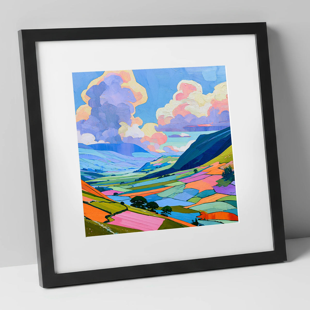Lavender Clouds Over Rolling Fells lake district fell art print in black frame