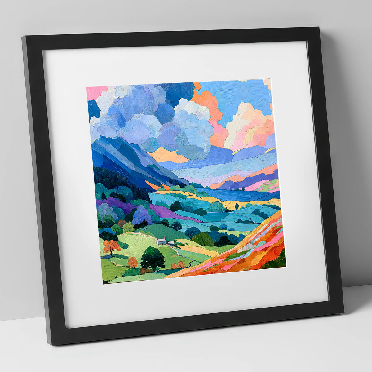 Colourful Fells Under Billowing Clouds lake district fell art print in black frame