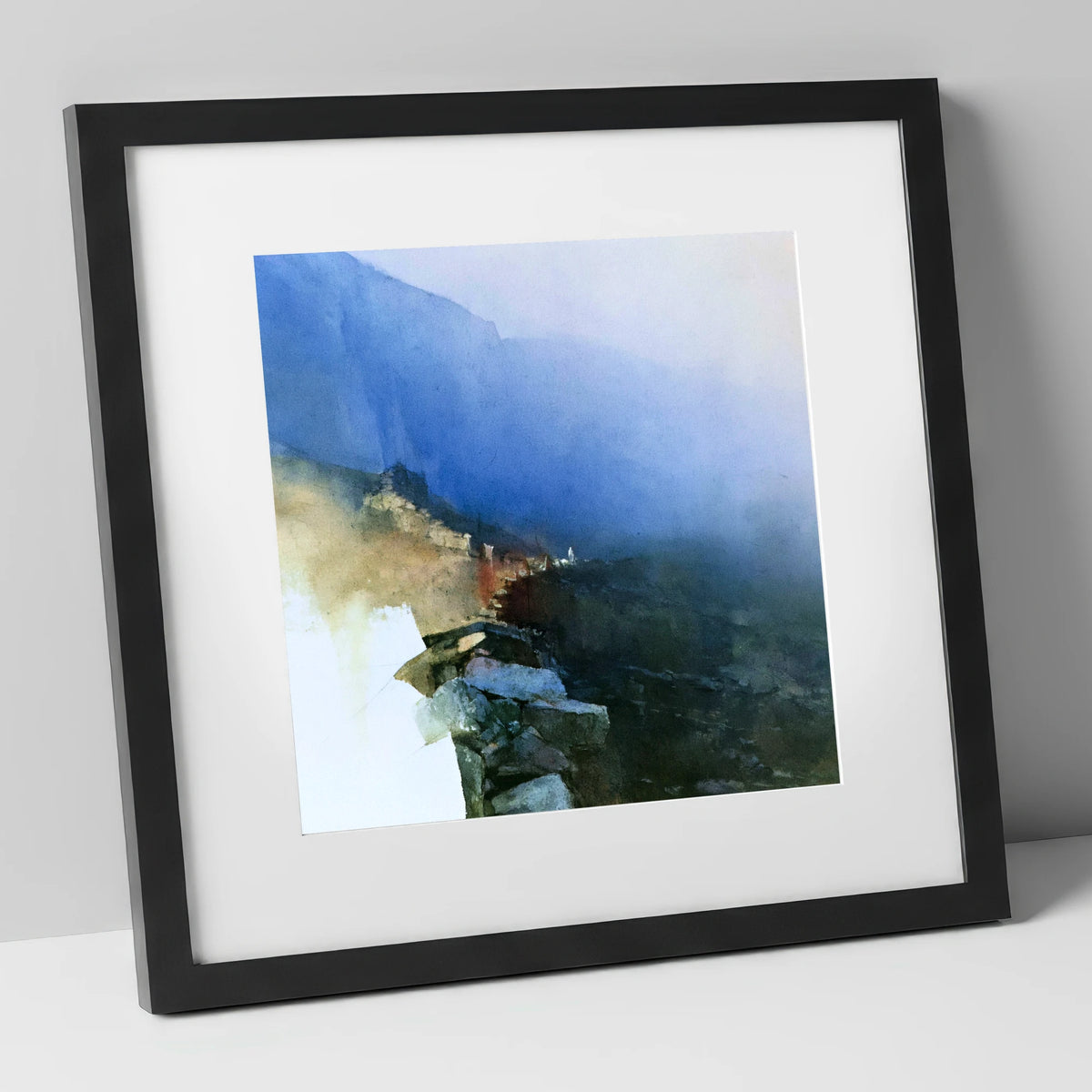 Valley Wall in Indigo Mist lake district valley art print in black frame