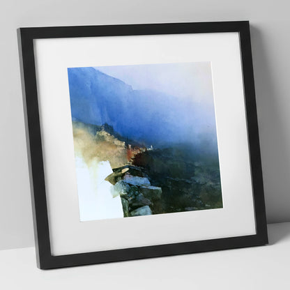 Valley Wall in Indigo Mist lake district valley art print in black frame